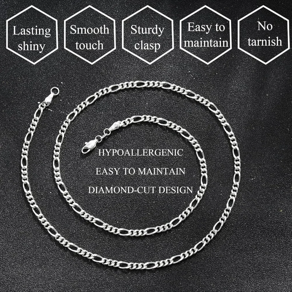 925 Sterling Silver Dainty 4mm Diamond Cut Figaro Chain for Men Jewelry Gift